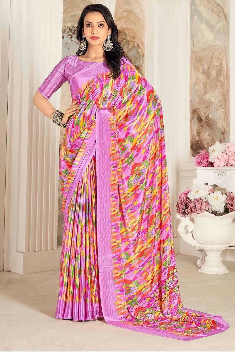 Crepe Silk Fabric Pink Color Saree With Printed Work