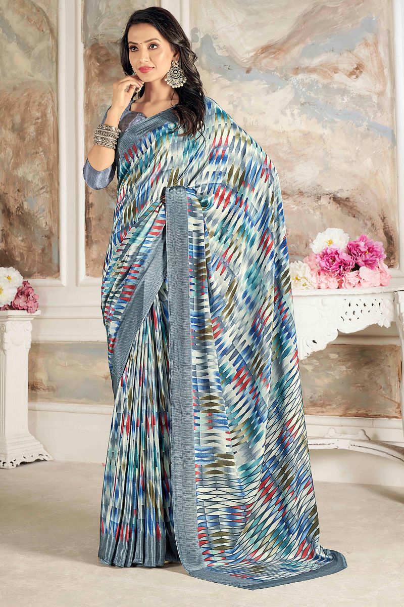 Multi Color Crepe Silk Fabric Saree With Printed Work