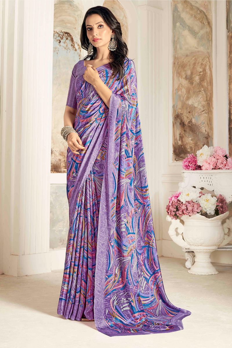 Crepe Silk Fabric Purple Color Saree With Printed Work