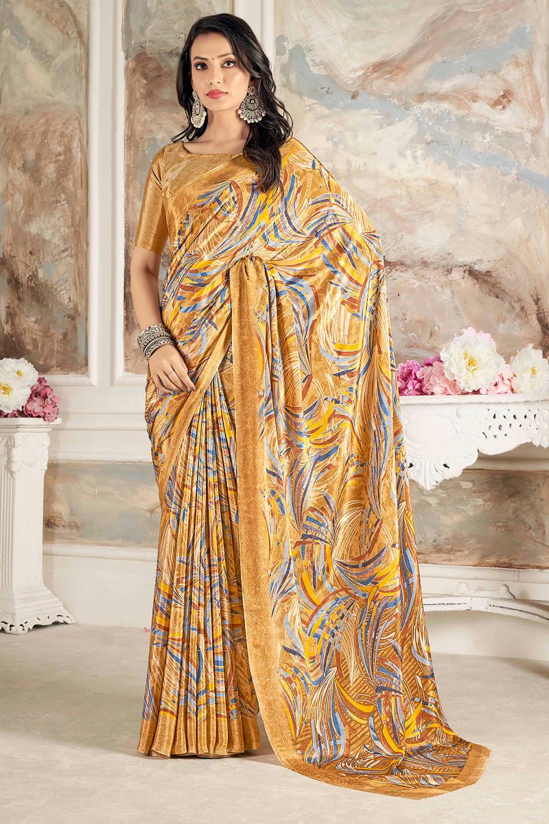 Mustard Color Printed Work Crepe Silk Fabric Saree