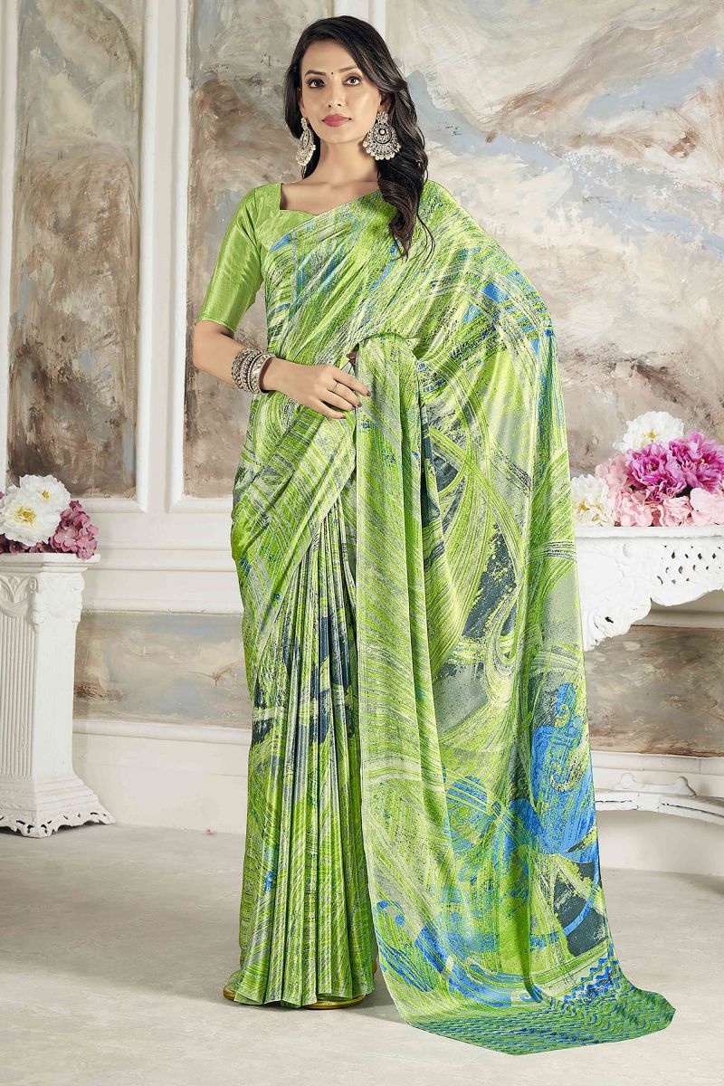 Printed Work Crepe Silk Fabric Green Color Saree