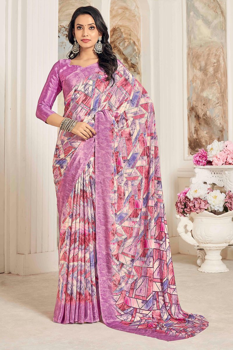 Pink Color Printed Work Crepe Silk Fabric Saree