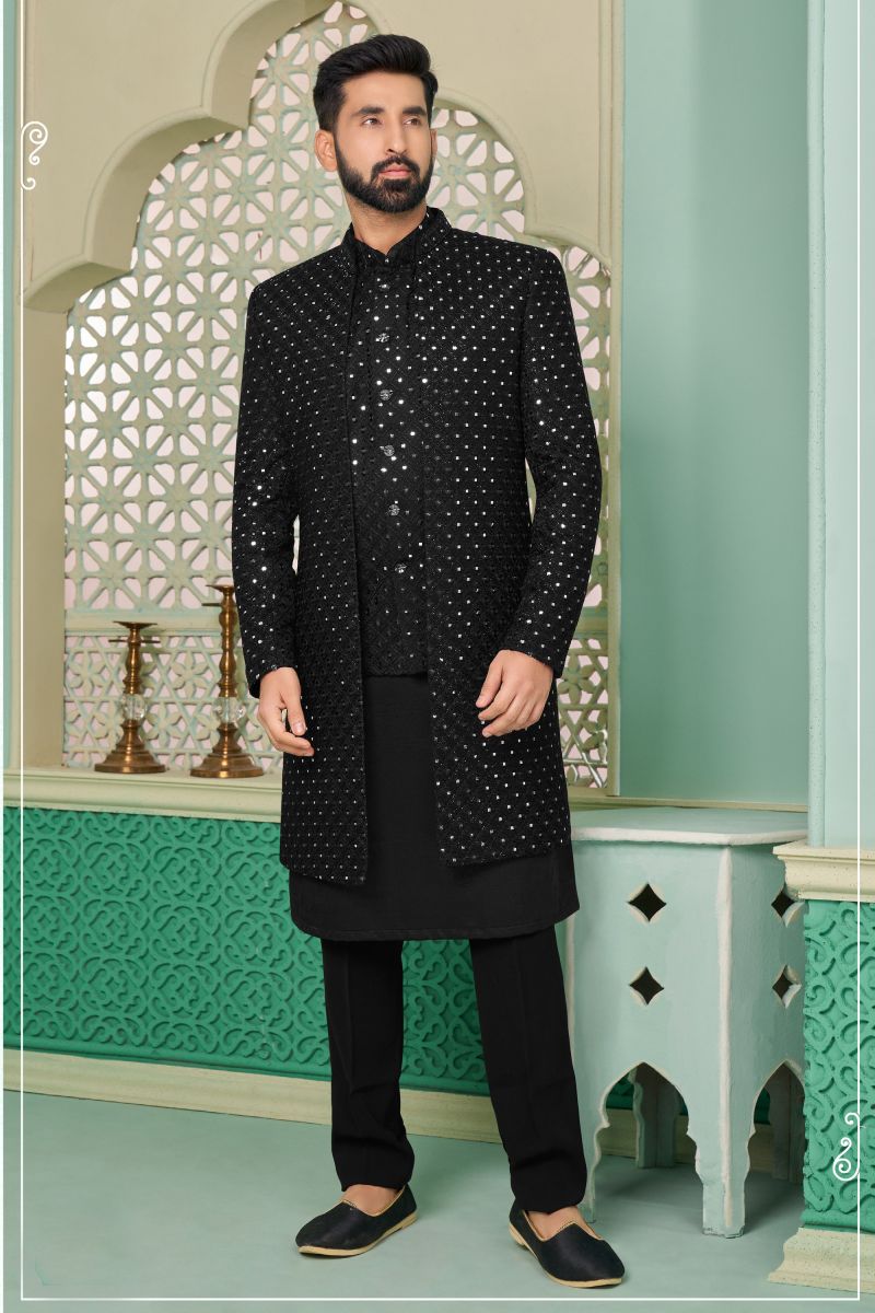 Velvet Black Readymade Nawabi Style Indo Western