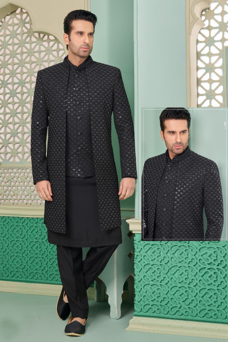 Banarasi Silk Black Readymade Designer Nawabi Style Indo Western