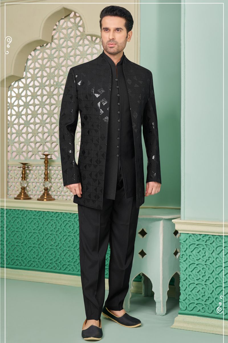 Banarasi Silk Readymade Nawabi Style Indo Western In Black Color