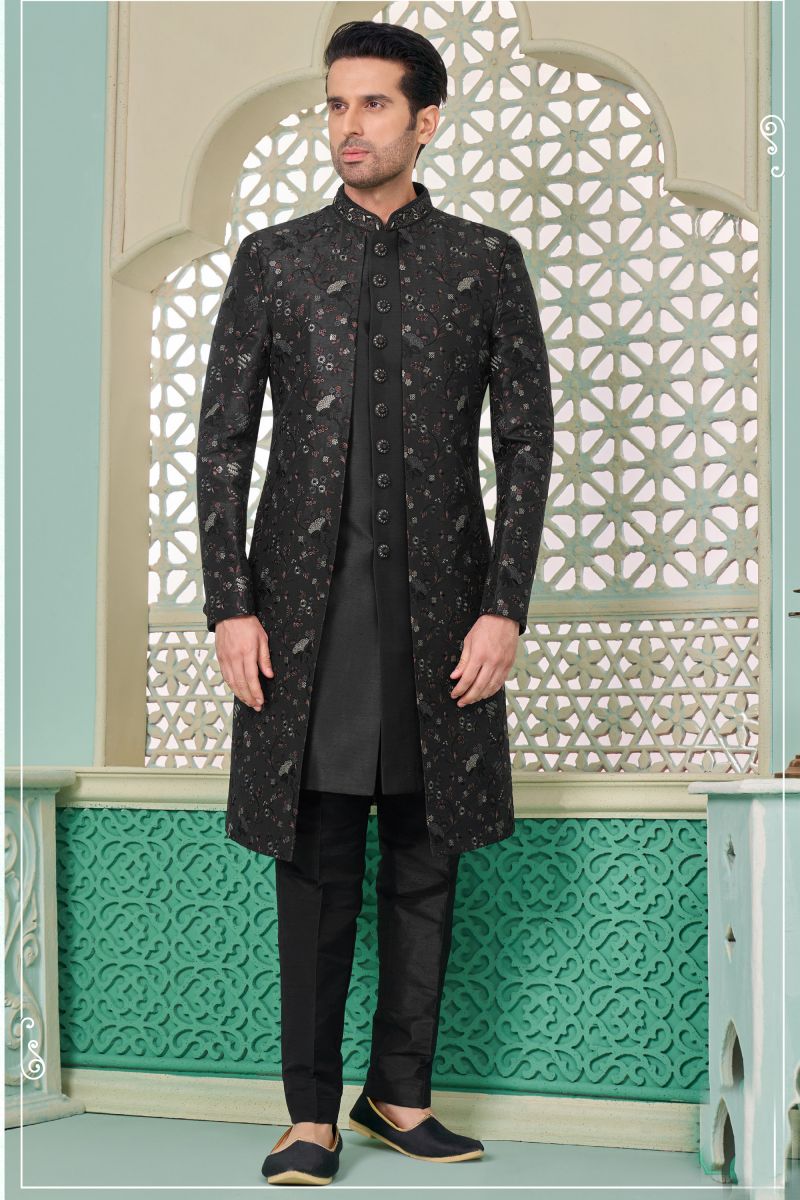 Banarasi Silk Readymade Black Nawabi Style Indo Western