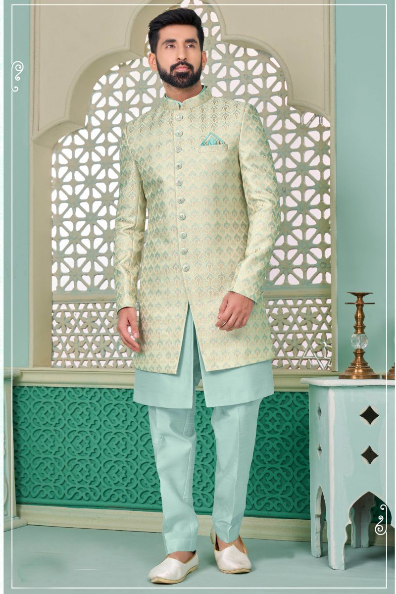 Sea Green Banarasi Silk Readymade Nawabi Style Indo Western