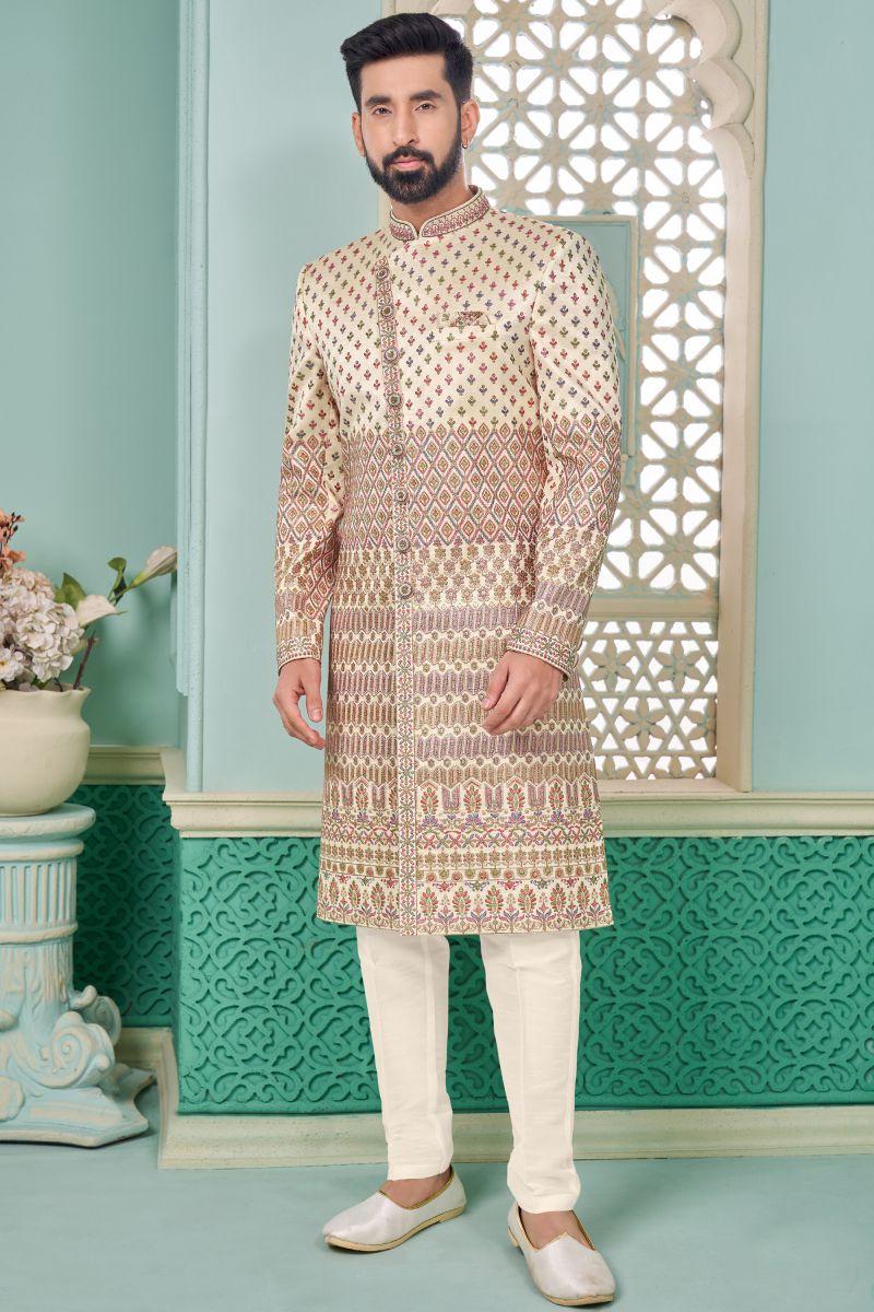 Beige Banarasi Silk Readymade Nawabi Men's Sherwani