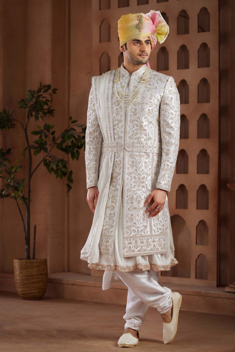 White Wedding Wear Art Silk Designer Heavy Embroidered Readymade Groom Sherwani For Men