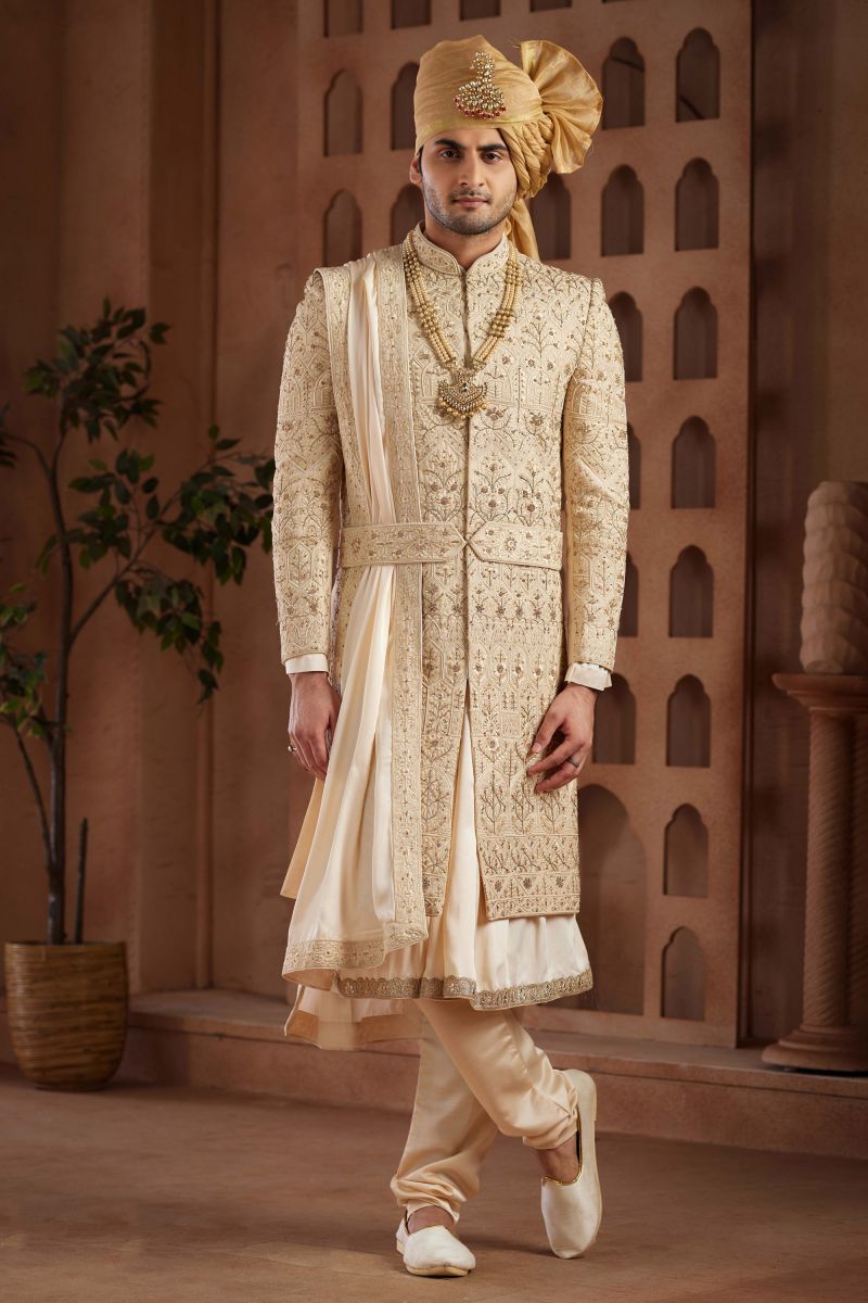 Wedding Wear Art Silk Designer Heavy Embroidered Readymade Groom Sherwani For Men In Beige Color