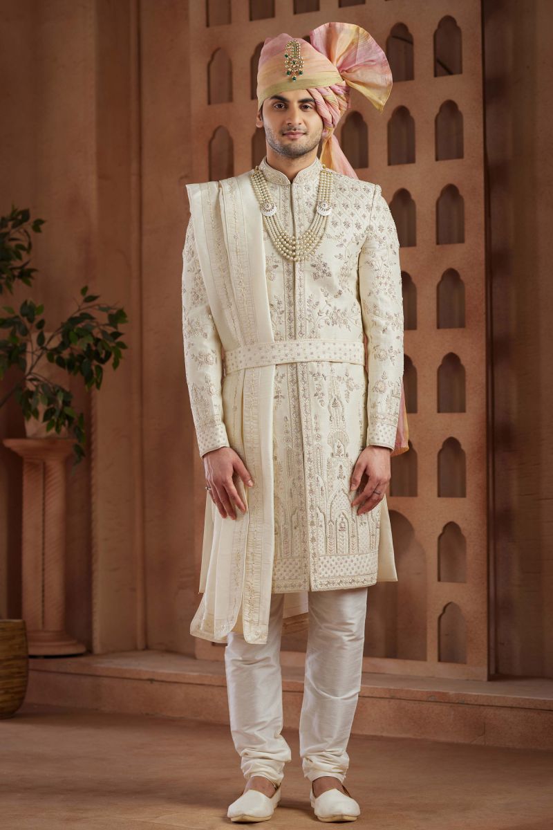 Art Silk Designer Heavy Embroidered Wedding Wear Readymade Groom Sherwani For Men In Cream Color