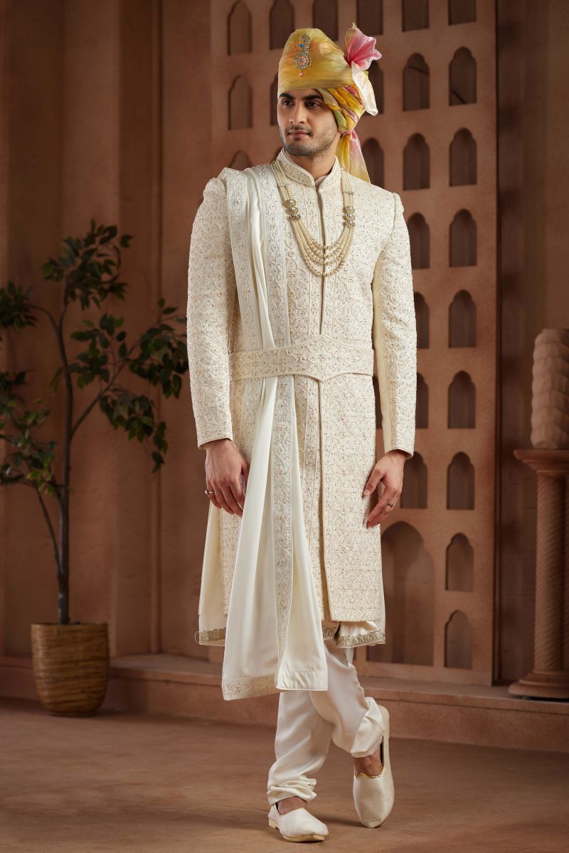 Cream Art Silk Wedding Wear Readymade Groom Sherwani For Men