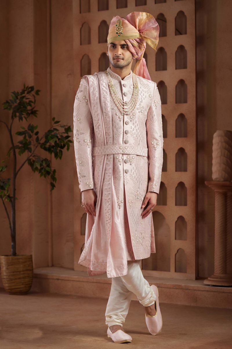 Art Silk Pink Wedding Wear Readymade Men Stylish Groom Sherwani