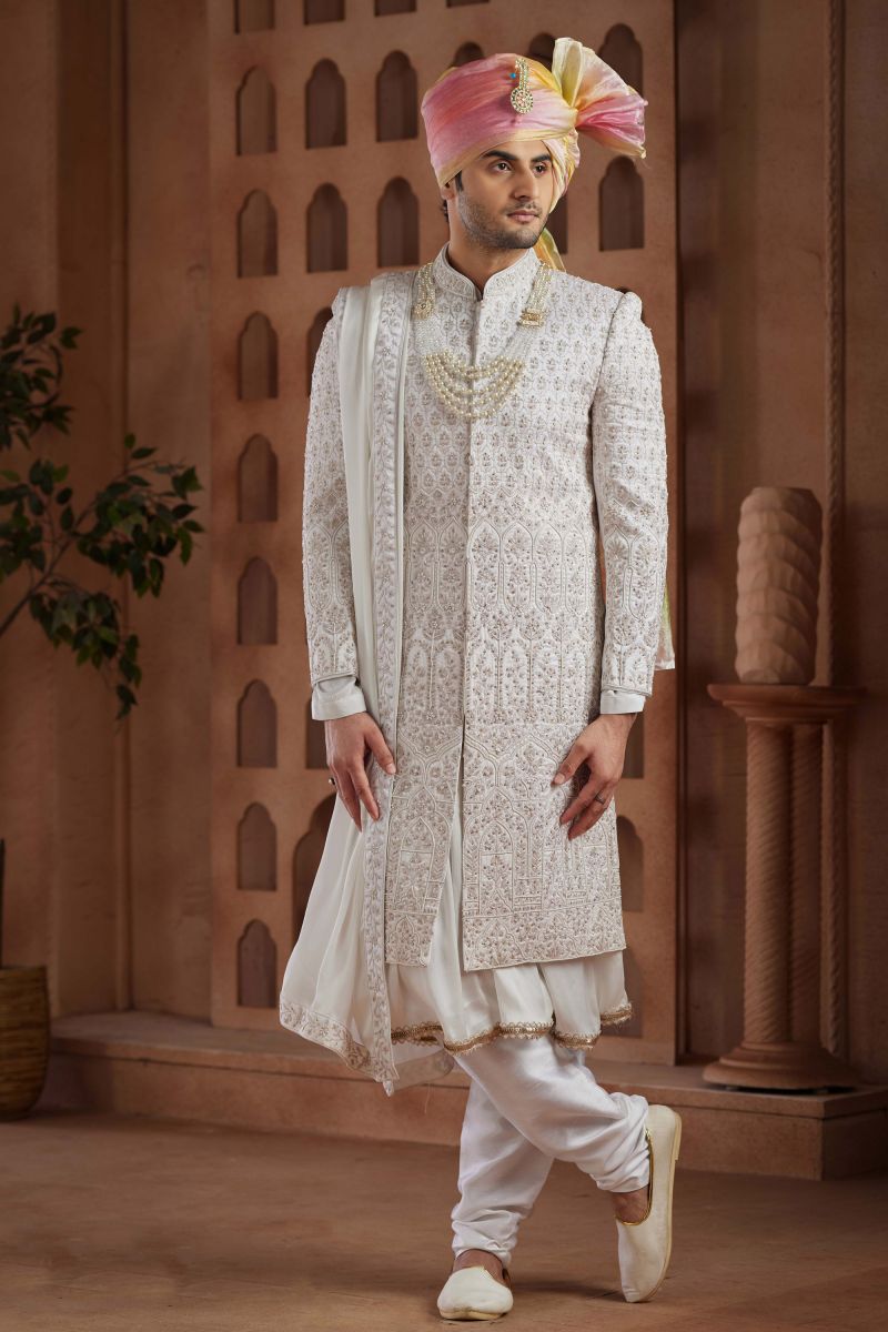 White Art Silk Wedding Wear Trendy Readymade Groom Sherwani For Men