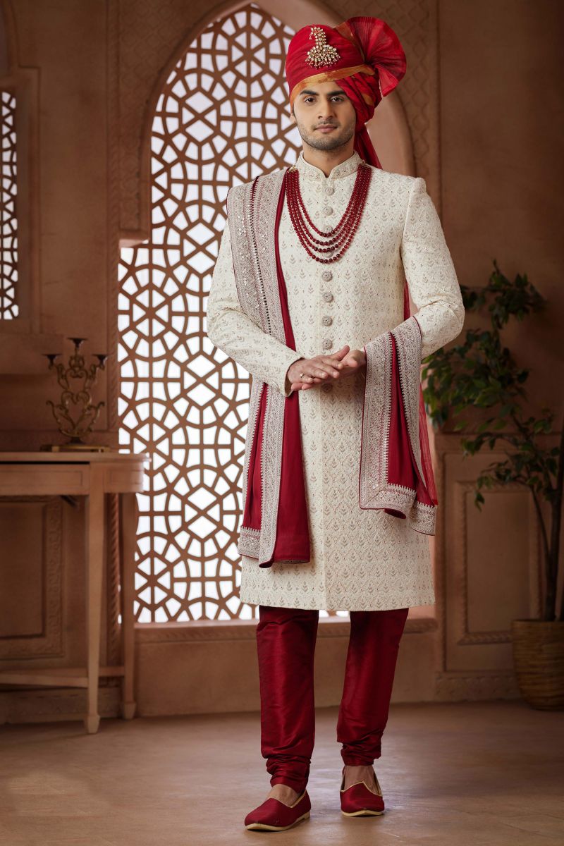 Art Silk Stunning Cream Wedding Wear Readymade Men Groom Sherwani