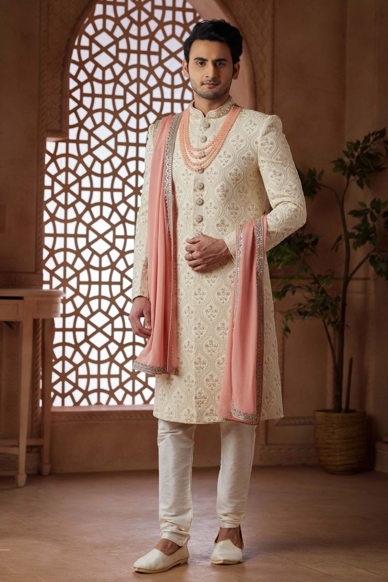 Art Silk Cream Wedding Wear Readymade Lovely Groom Sherwani For Men