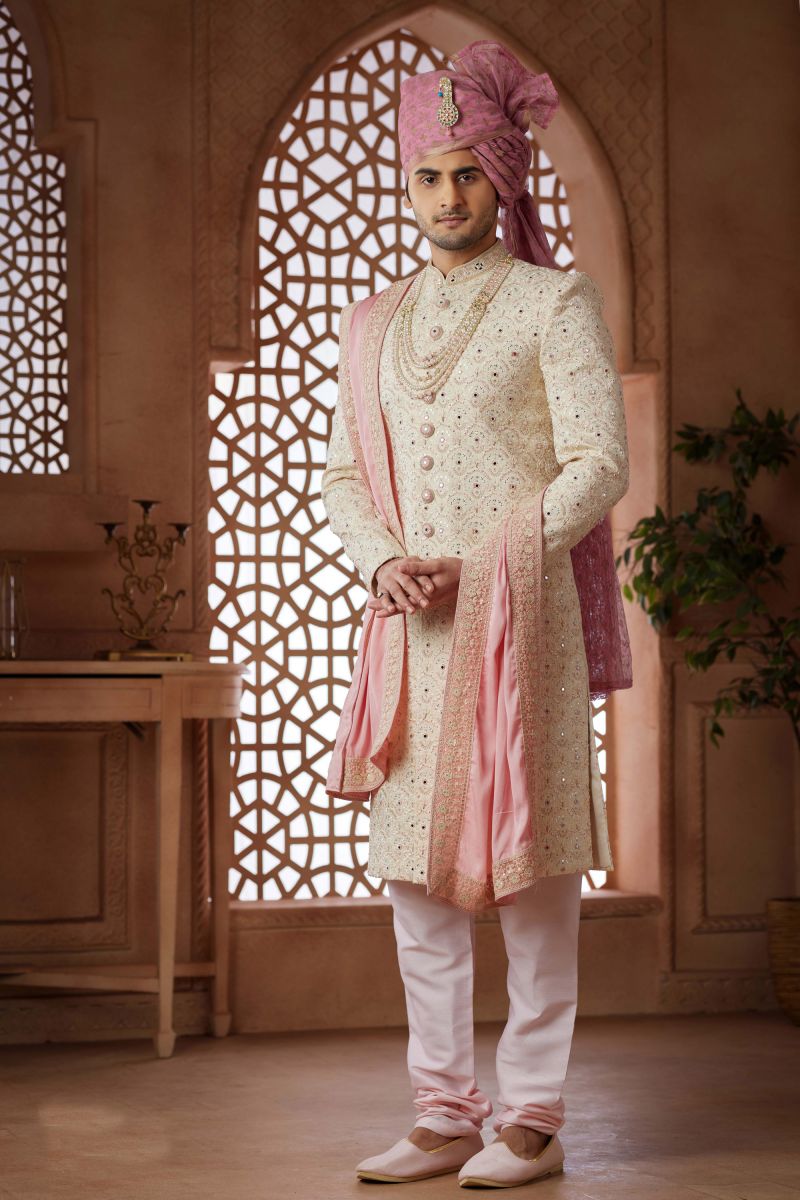 Cream Wedding Wear Readymade Glamorous Groom Sherwani For Men In Art Silk Fabric