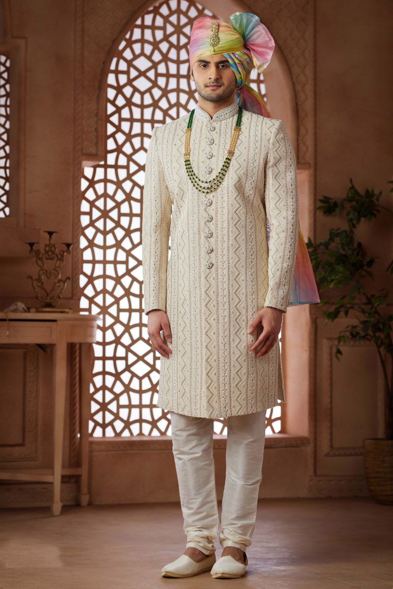 Cream Georgette Graceful Readymade Men Groom Sherwani For Wedding Wear