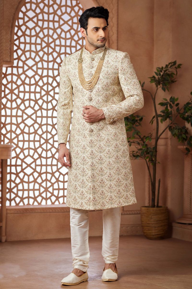 Cream Art Silk Magnificent Readymade Men Groom Sherwani For Wedding Wear