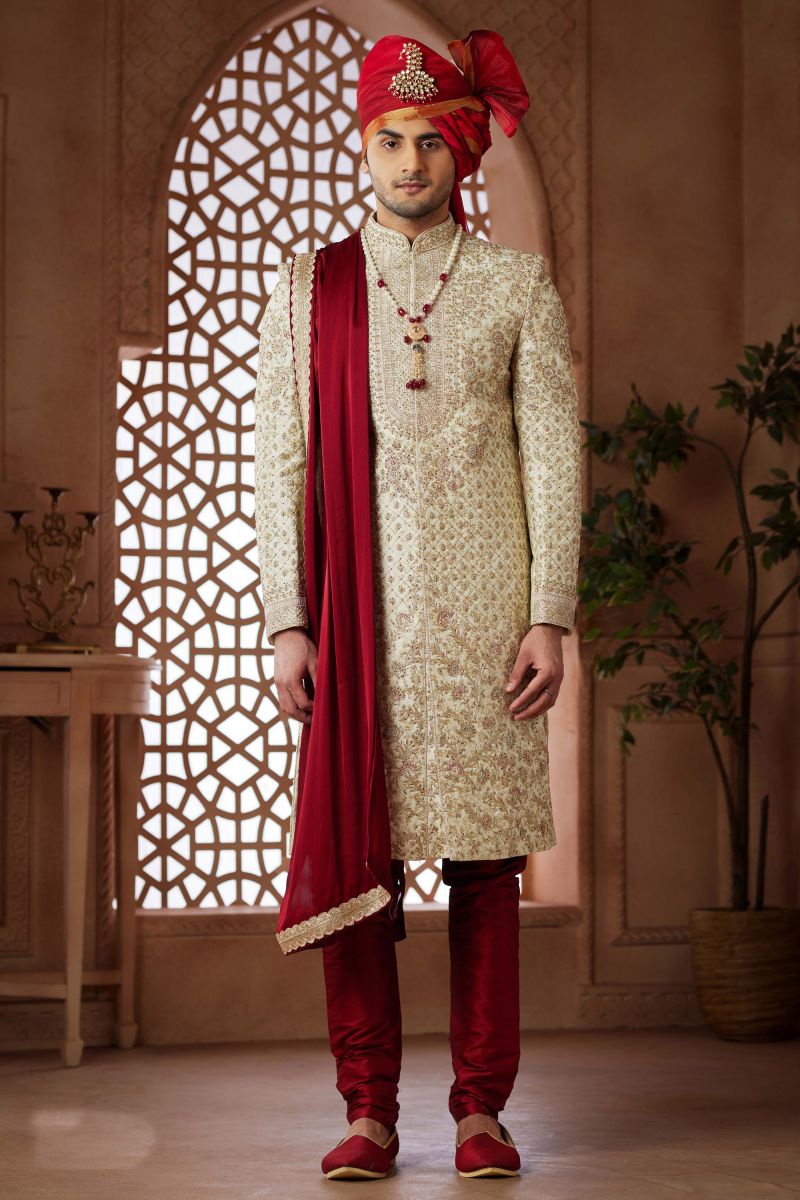 Cream Jacquard Heavy Embroidered Wedding Wear Designer Readymade Groom Sherwani For Men