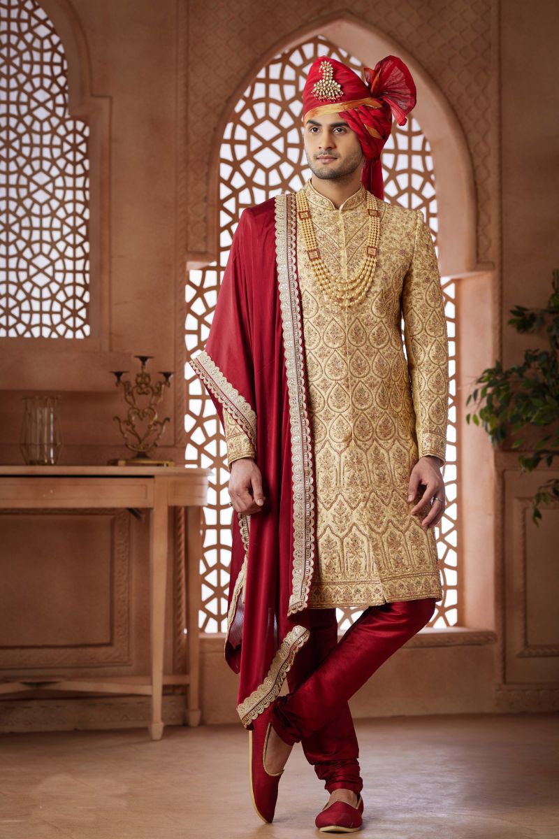 Jacquard Heavy Embroidered Golden Wedding Wear Designer Readymade Groom Sherwani For Men