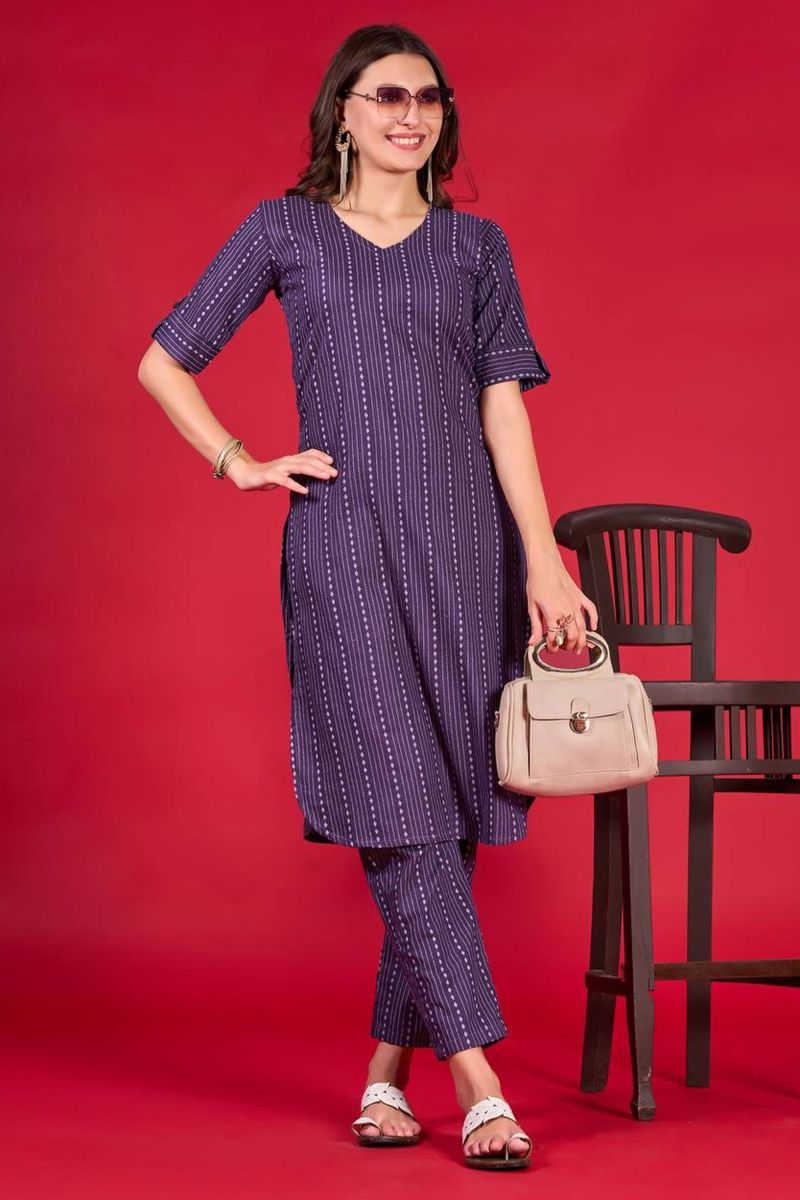 Incredible Cotton Fabric Purple Color Readymade Casual Kurti With Bottom