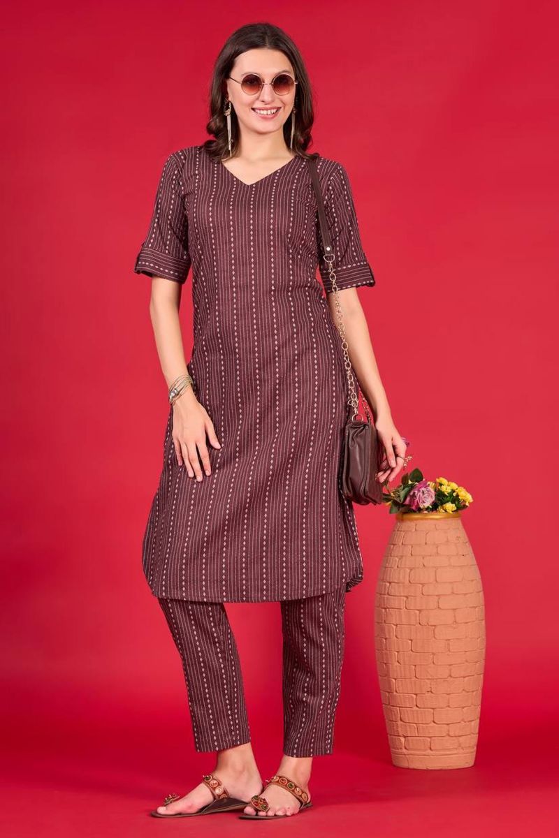 Cotton Fabric Brown Color Excellent Readymade Casual Kurti With Bottom