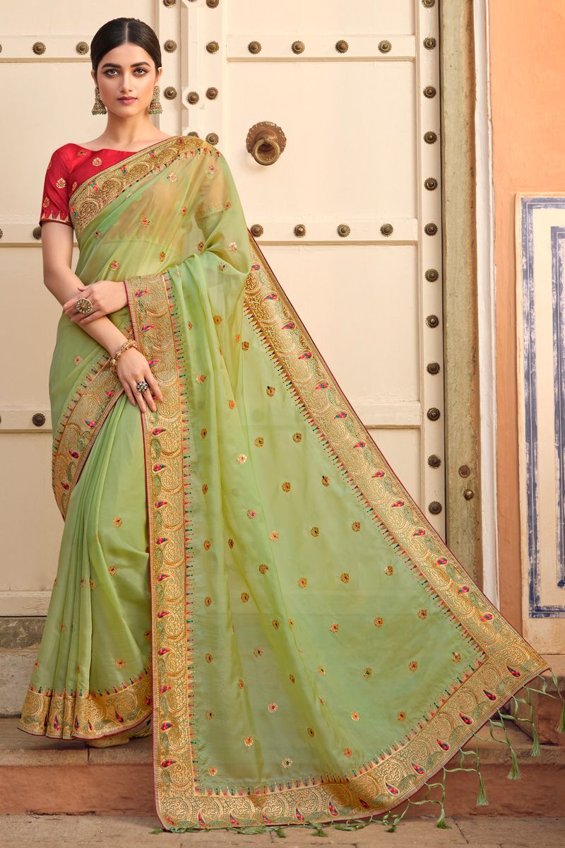 Sea Green Color Art Silk Saree With Embroidered Work