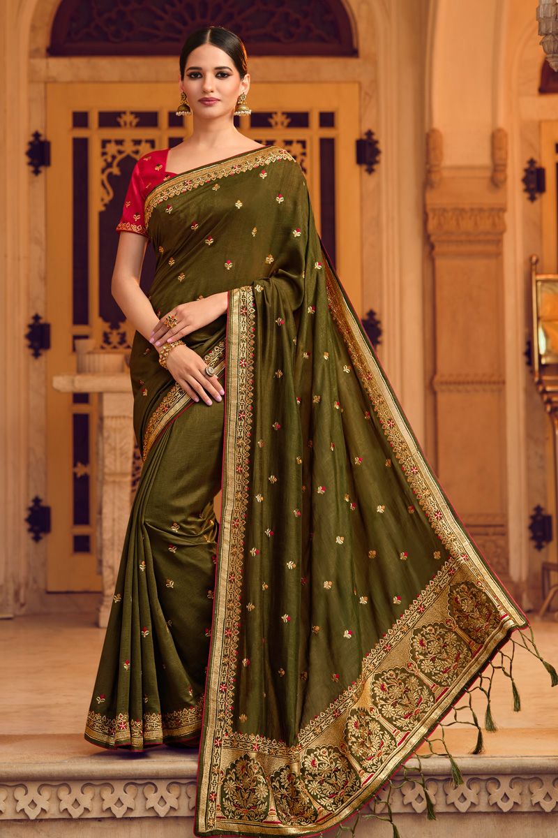 Embroidered Work On Art Silk Saree In Mehendi Green Color