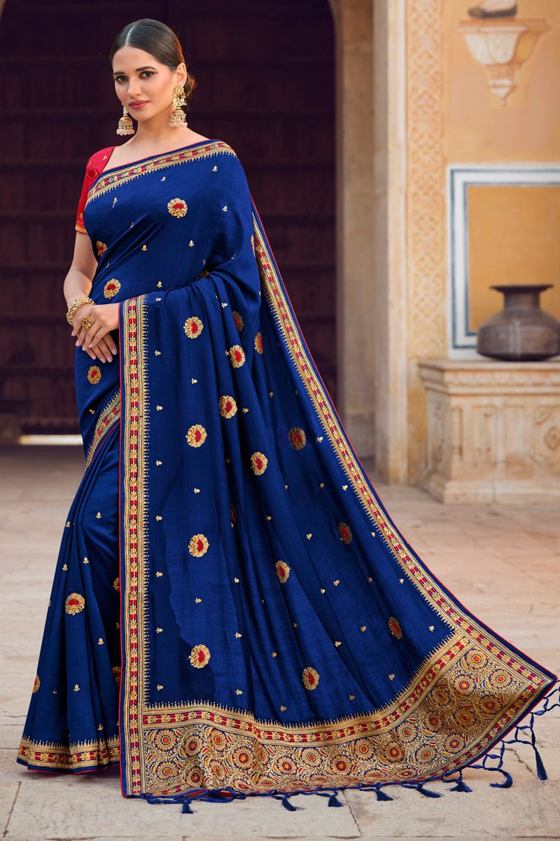 Blue Color Art Silk Saree With Embroidered Work