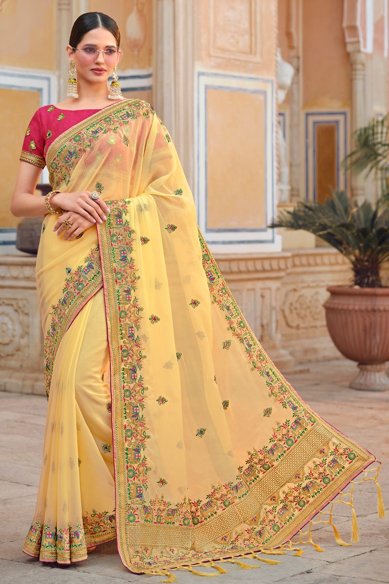 Cream Color Art Silk Saree With Embroidered Work