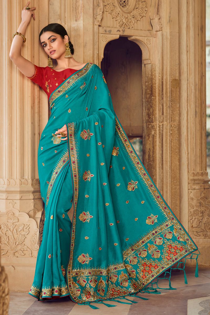 Cyan Color Art Silk Saree With Embroidered Work