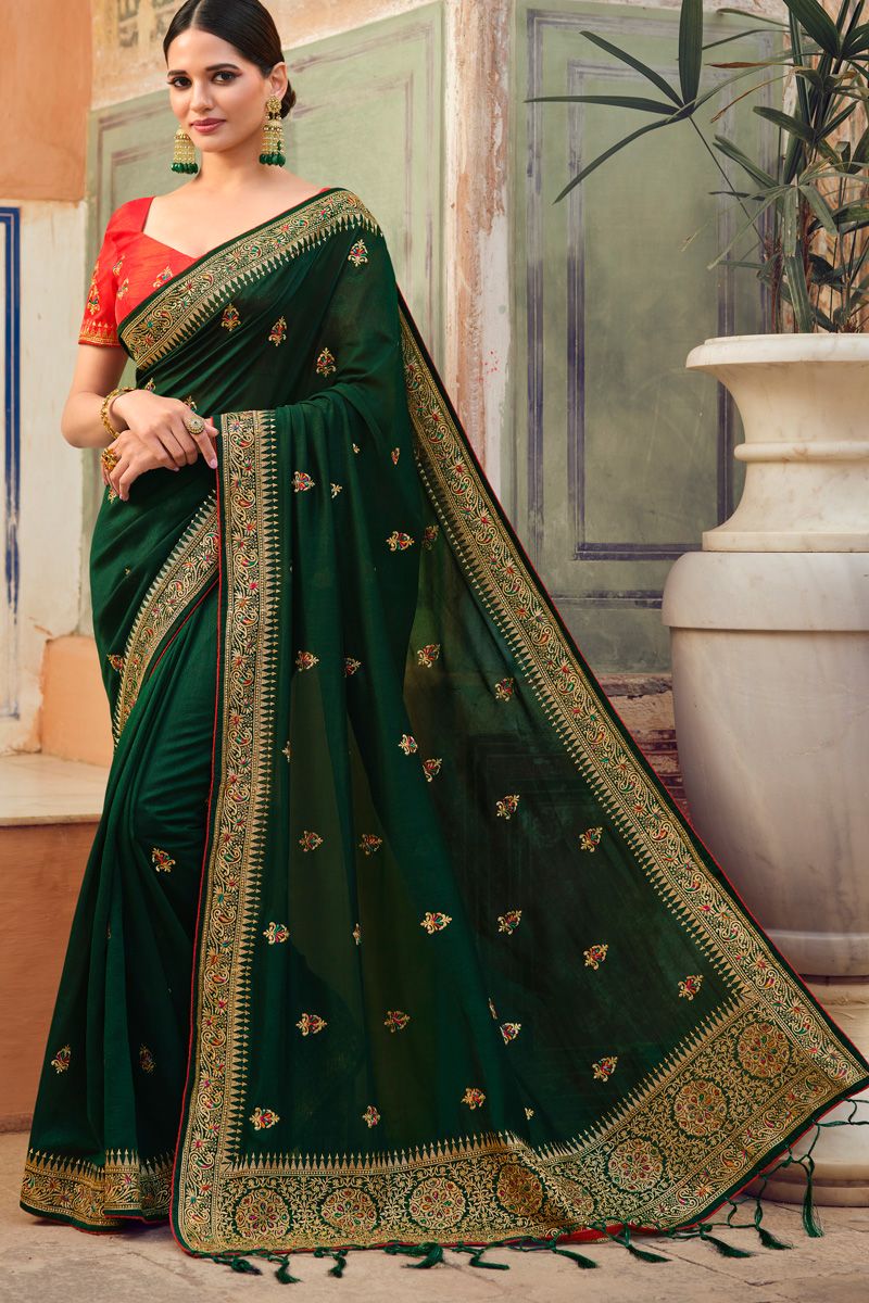 Embroidered Work On Dark Green Color Art Silk Saree