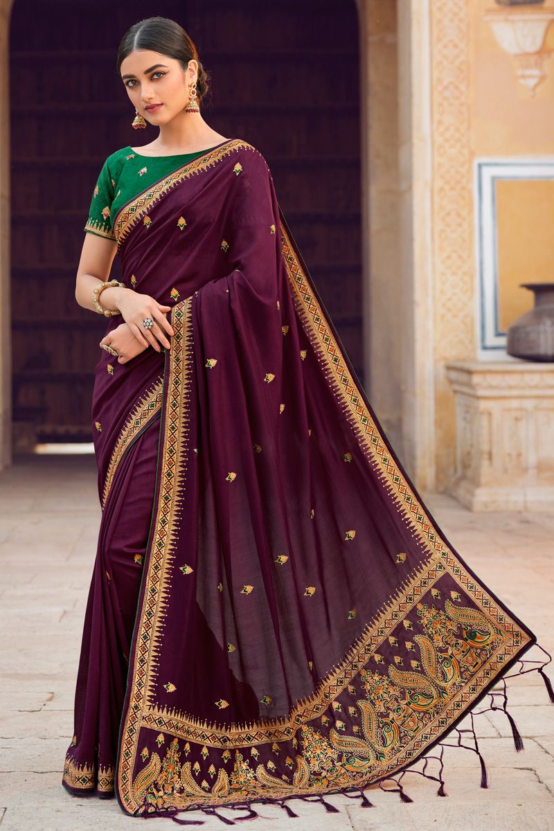 Purple Color Art Silk Saree With Embroidered Work