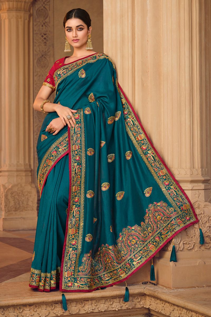 Teal Color Embroidered Work On Art Silk Saree