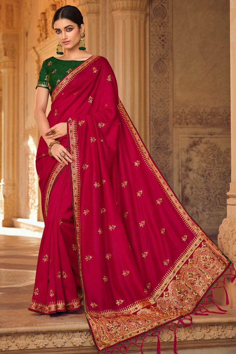 Embroidered Work On Burgundy Color Art Silk Saree