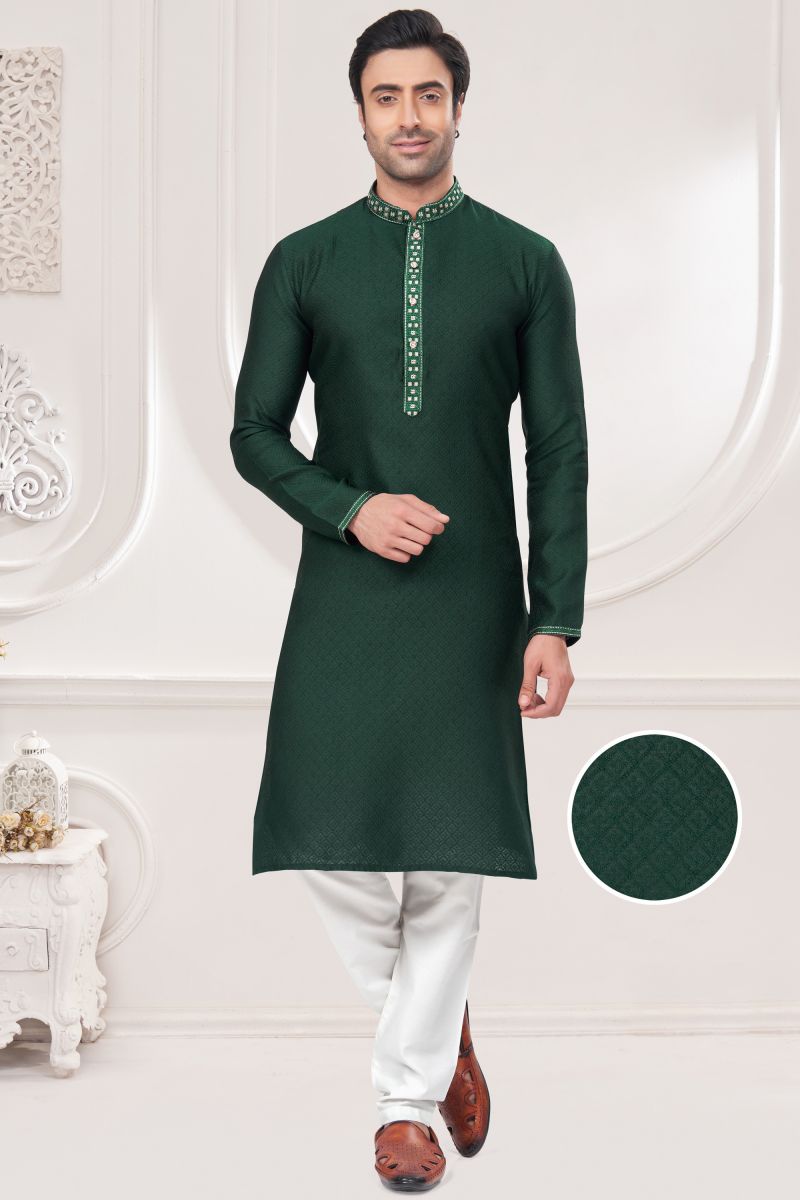 Stylish Jacquard Fabric Green Color Kurta Pyjama For Function