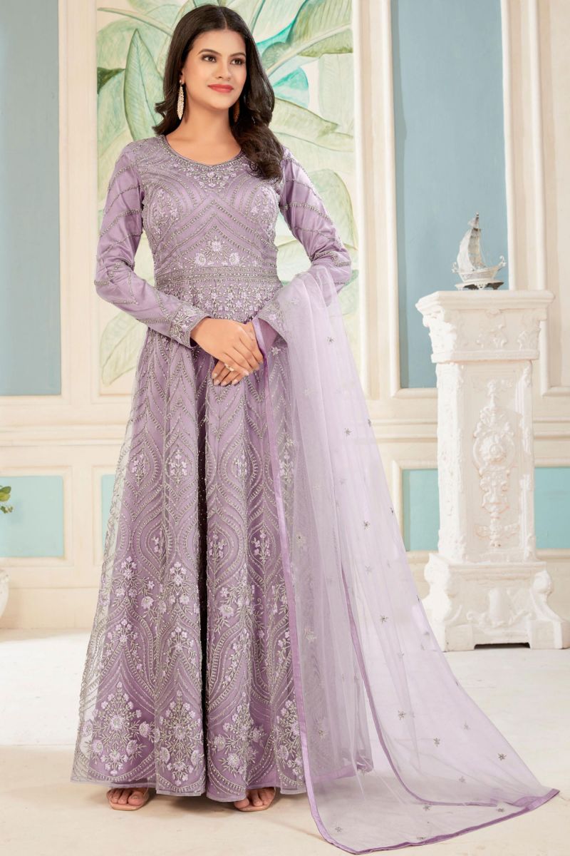 Net Fabric Embroidered Sangeet Wear Long Anarkali Salwar Kameez In Lavender Color