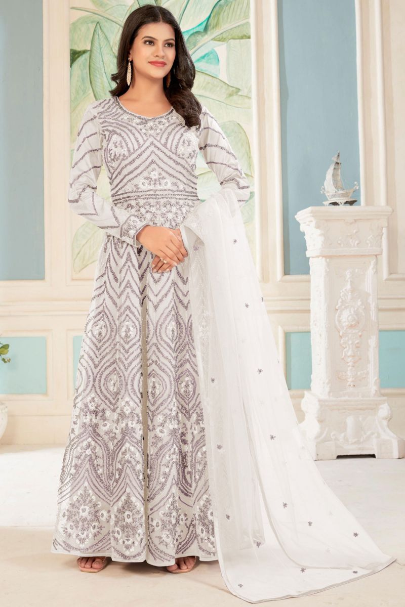 Embroidered White Color Long Anarkali Salwar Kameez In Net Fabric