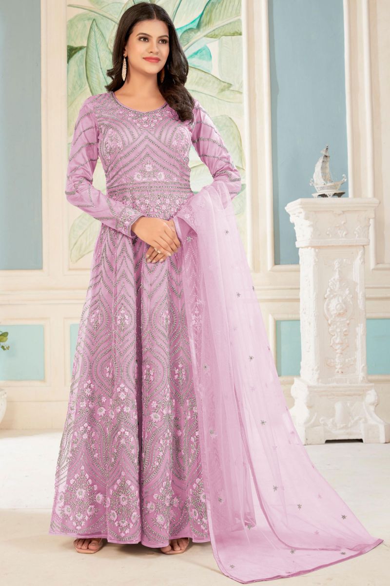 Pink Color Embroidered Long Anarkali Suit In Net Fabric