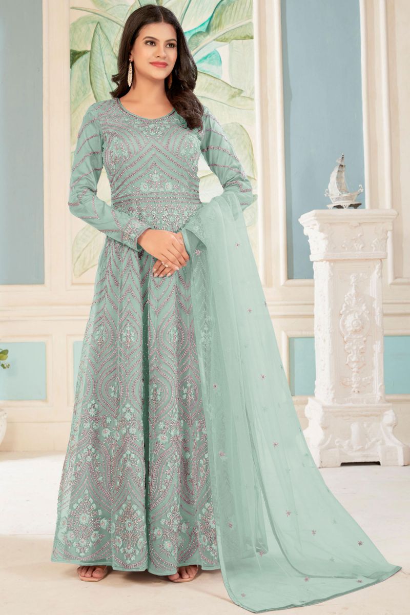 Embroidered Net Fabric Long Anarkali Suit In Light Cyan Color