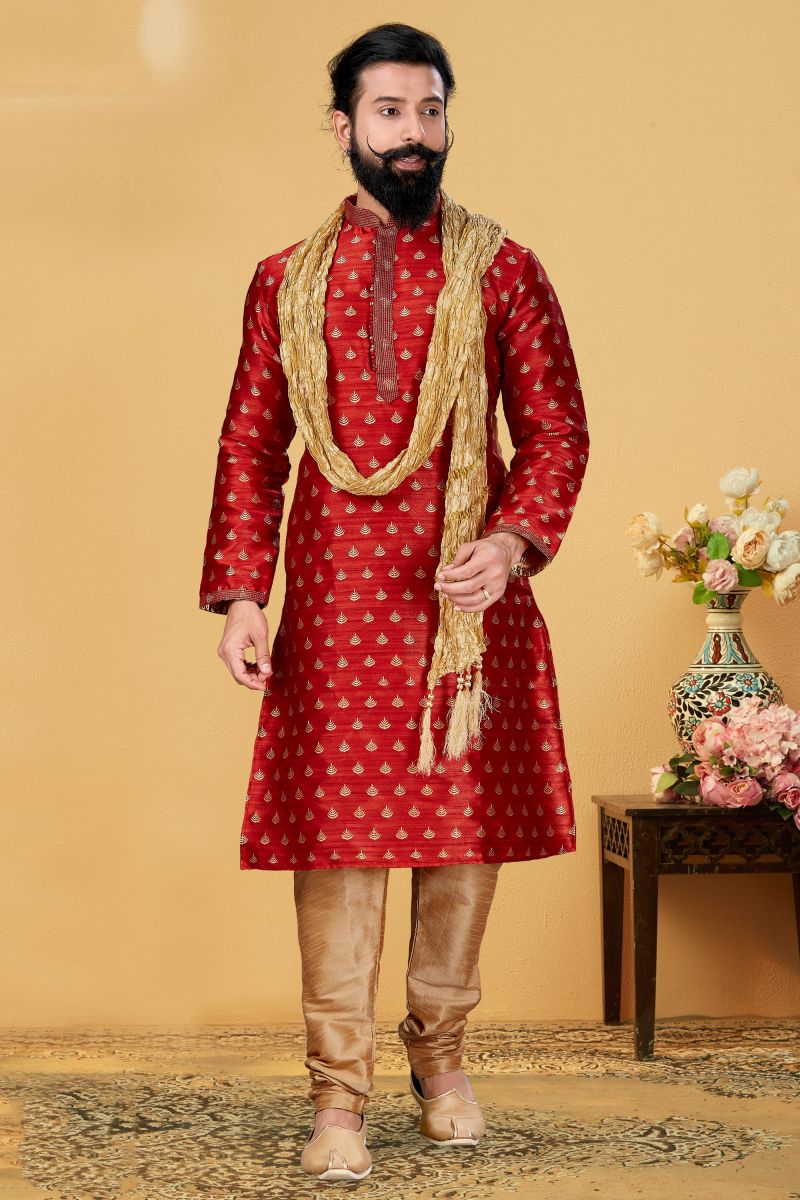 Festive Wear Readymade Kurta Pyjama For Men In Red Silk Fabric