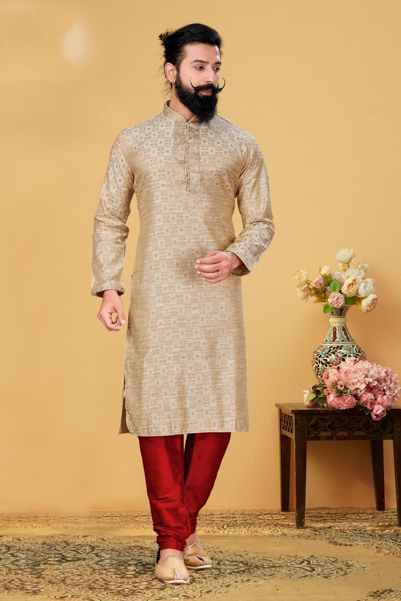 Jacquard Silk Beige Color Festive Wear Trendy Readymade Men Kurta Pyjama