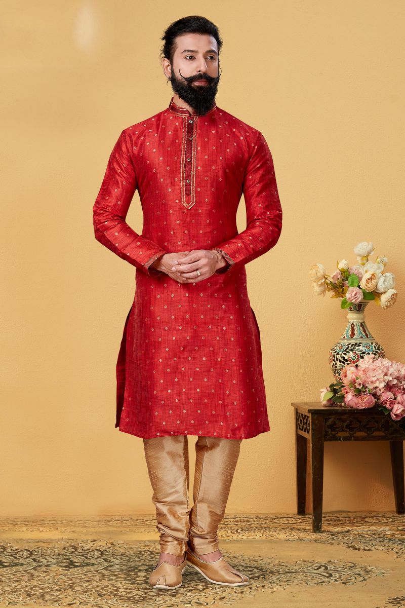 Red Color Jacquard Silk Function Wear Kurta Pyjama For Men