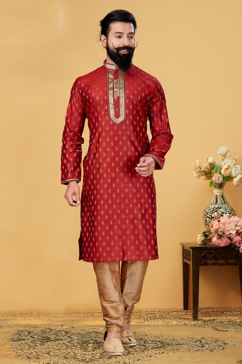 Red Color Jacquard Silk Festive Wear Captivating Kurta Pyjama For Men