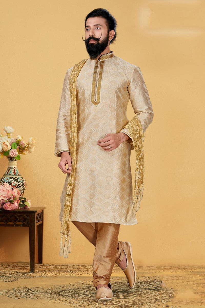 Beige Color Gorgeous Jacquard Silk Function Wear Kurta Pyjama For Men