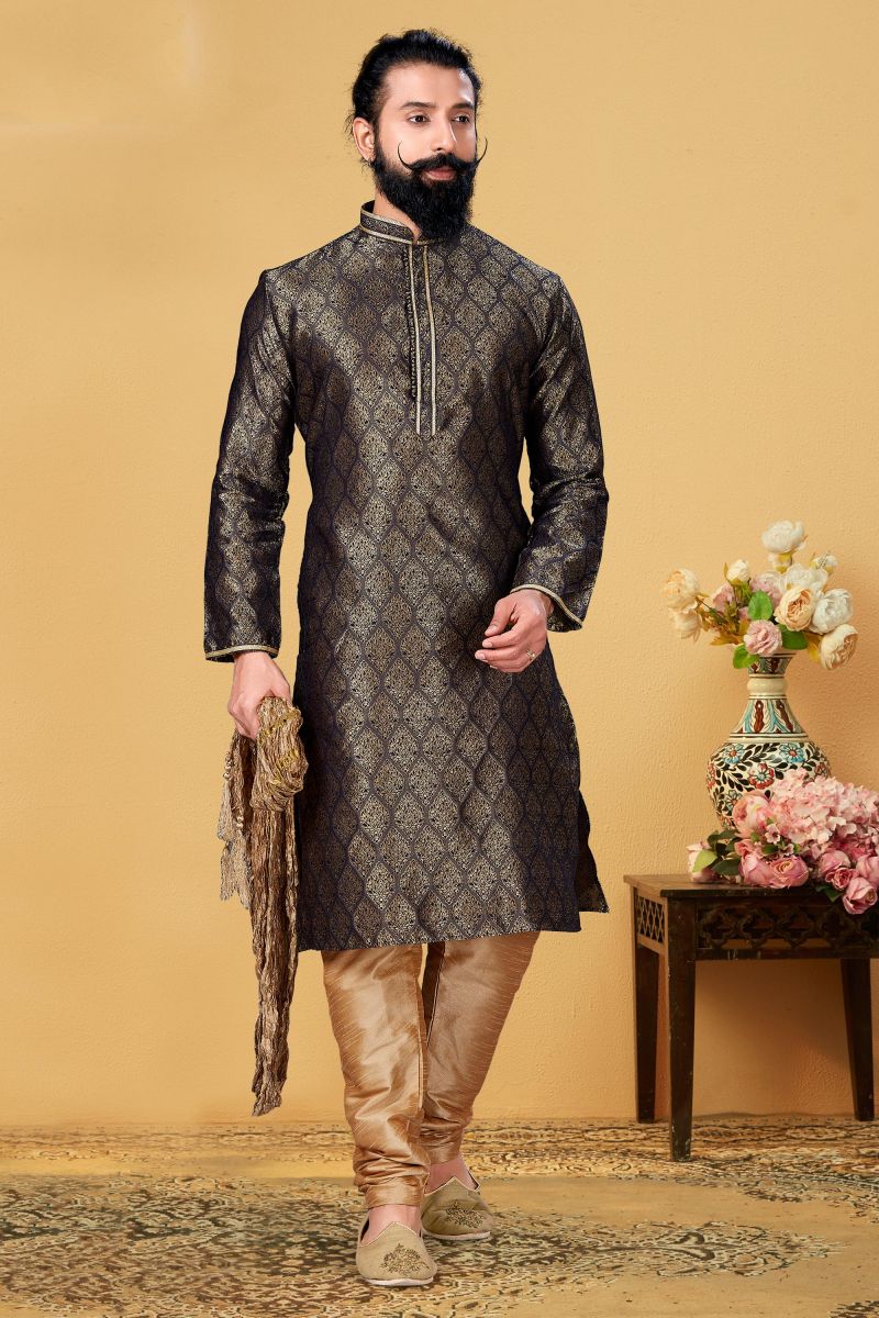 Black Color Jacquard Silk Festive Wear Striking Kurta Pyjama For Men