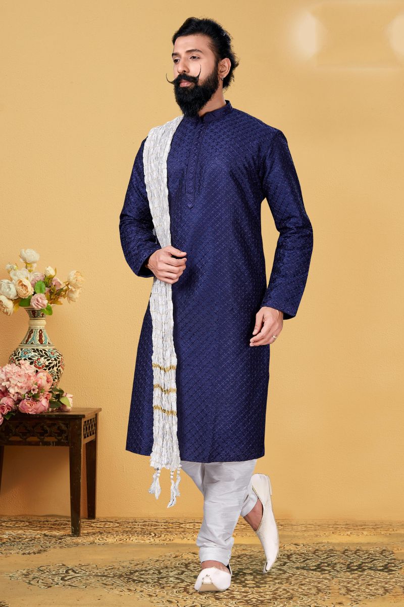 Blue Color Stunning Dhupion Function Wear Kurta Pyjama For Men