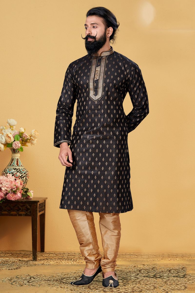 Black Jacquard Silk Sangeet Wear Trendy Readymade Kurta Pyjama For Men