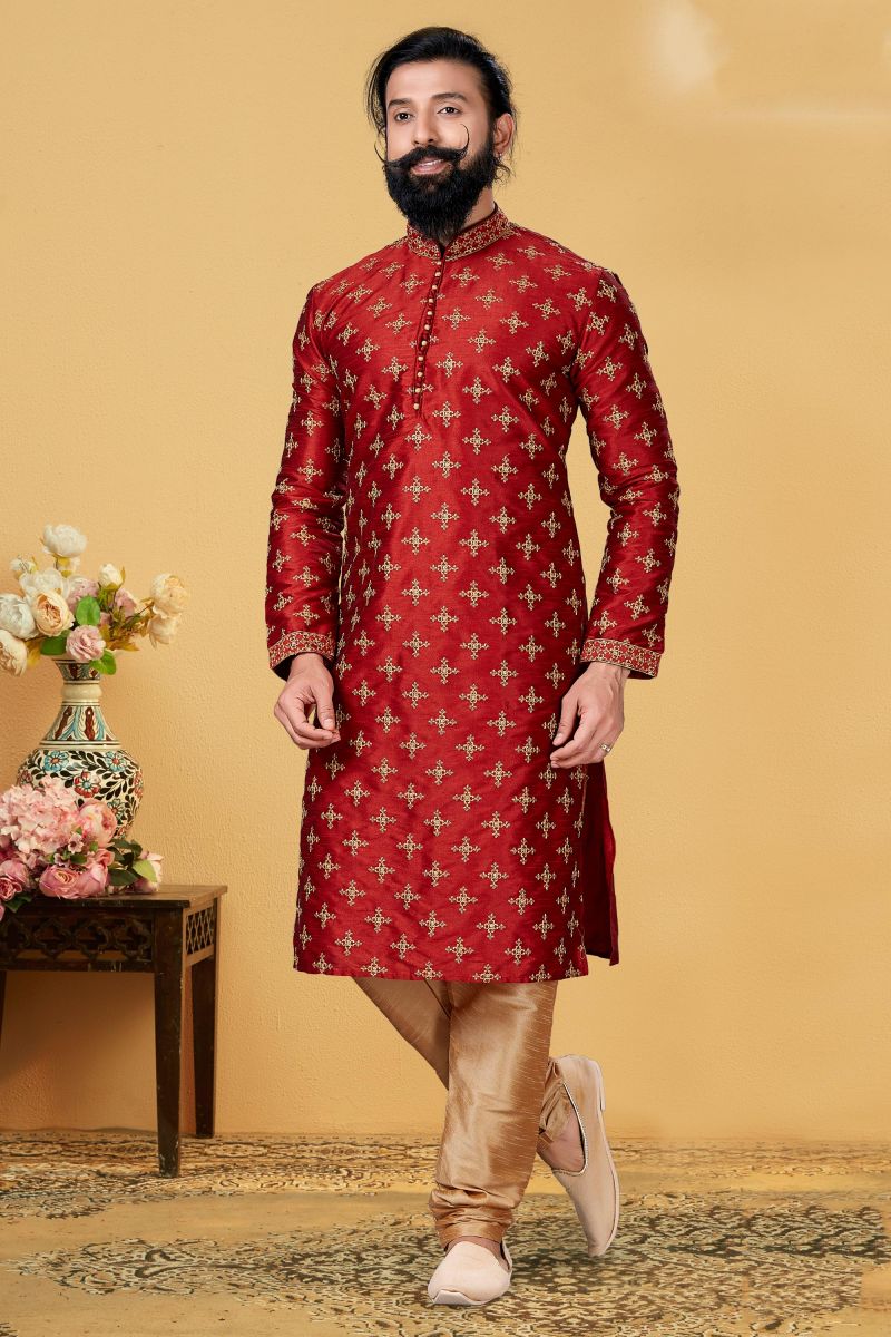 Red Color Function Wear Readymade Kurta Pyjama For Men In Dhupion Fabric